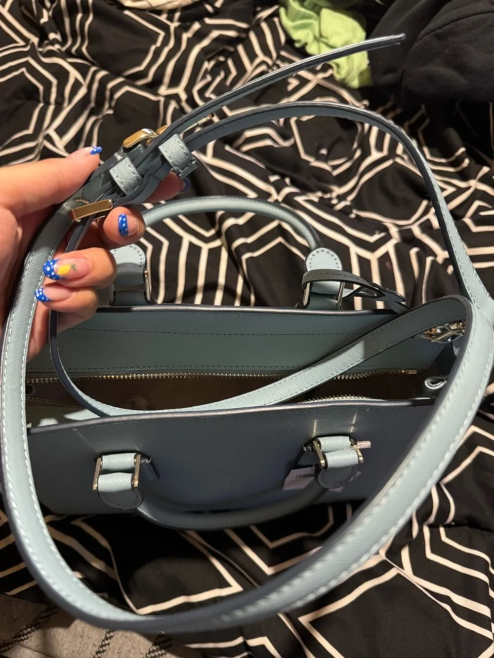 kate spade Light Blue Saffiano Satchel with Gold Logo